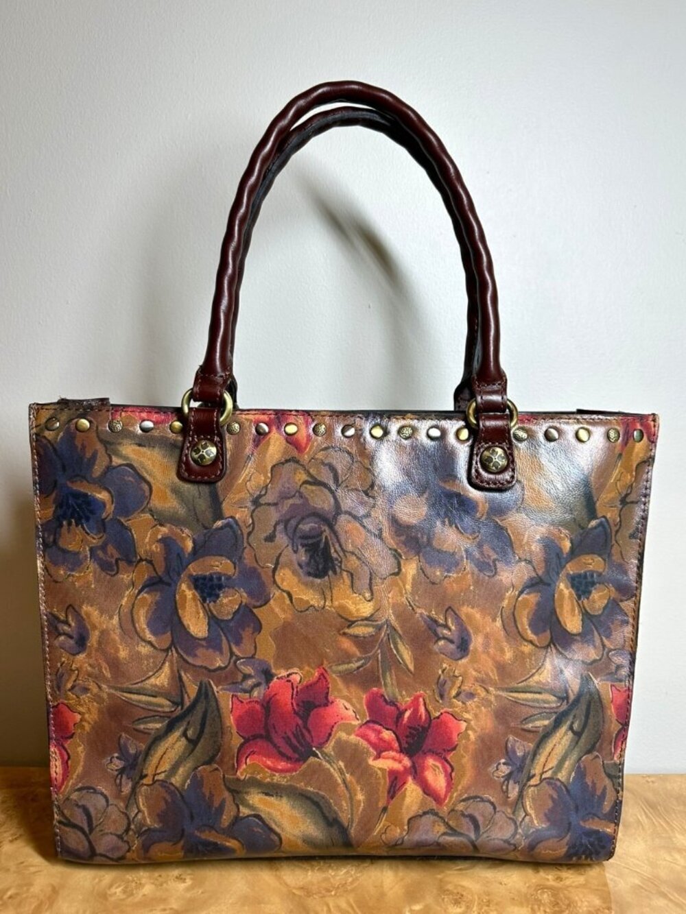 Patricia Nash Sienna Sunset Floral Leather Tote Bag Studded Top Handle Purse